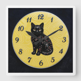 Horloge Carrée Chat Noir Citron + Cadran Noir