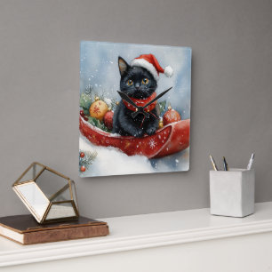 Horloge Carrée Chat noir dans un traîneau Laissez neige Noël