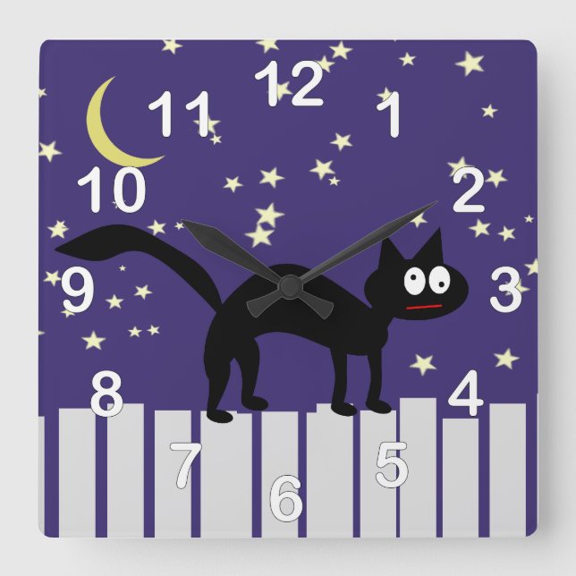 Horloge Carrée Chat noir d'Halloween sur clôture (Recto)