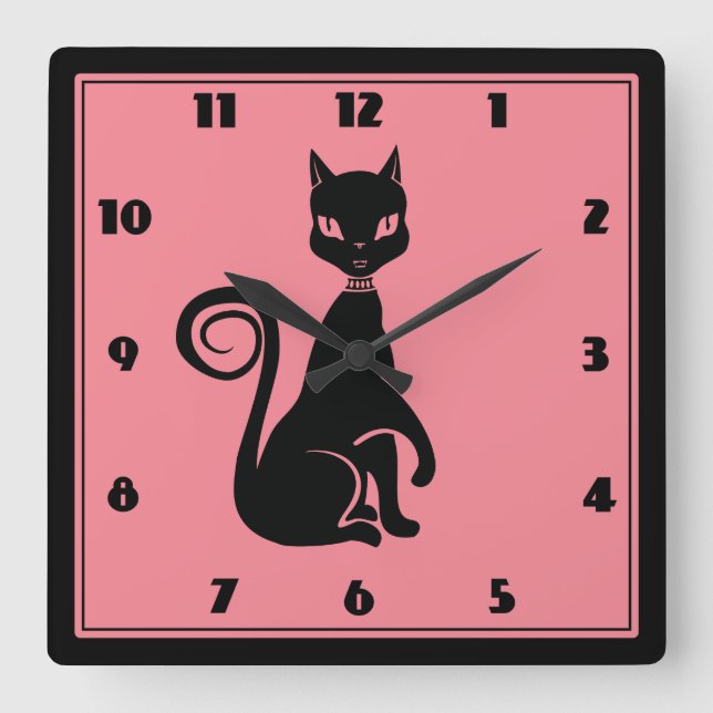 Horloge Carrée Chat noir élégant (Recto)