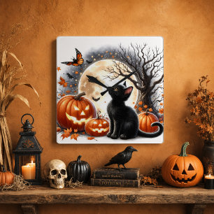 Horloge Carrée Chat noir et citrouilles d'Halloween Ambre rustiqu