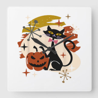 Horloge Carrée Chat noir et Halloween rétro atomique Citrouille
