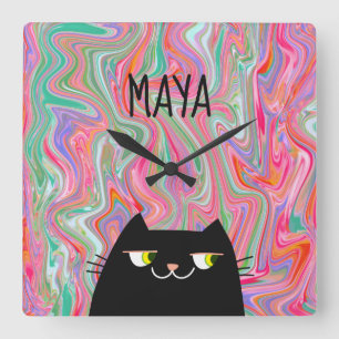 Horloge Carrée Chat noir et motif artistique rose avec monogramme
