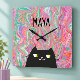 Horloge Carrée Chat noir et motif artistique rose avec monogramme