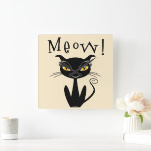 Horloge Carrée Chat noir fantaisiste Miaou !