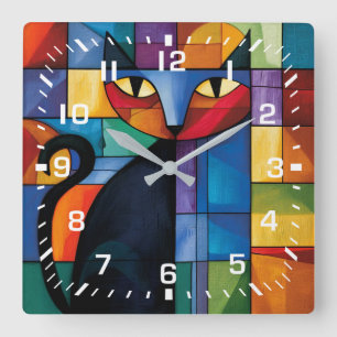 Horloge Carrée Chat noir géométrique Grille de verre teinté
