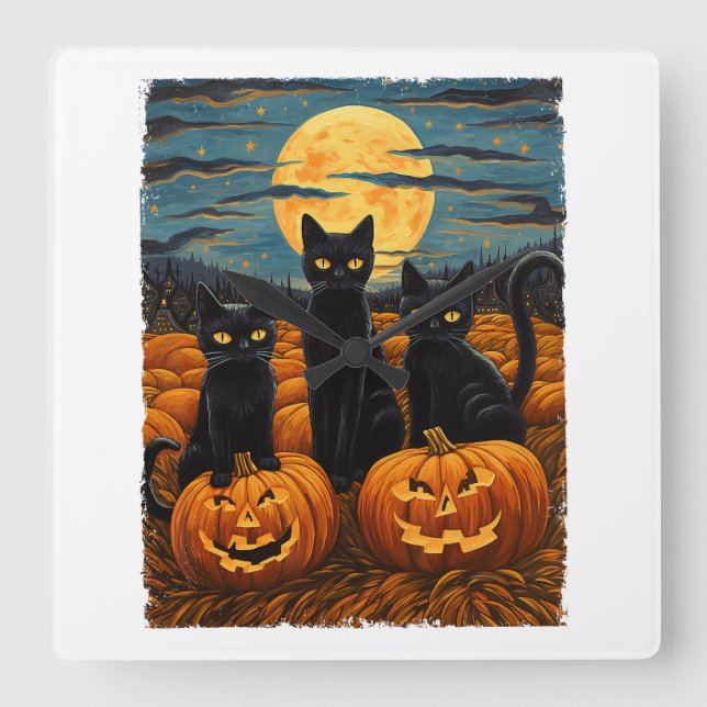 Horloge Carrée Chat noir Halloween Amoureux de les chats Starry N (Recto)