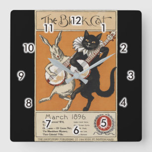 Horloge Carrée Chat noir jouant Banjo, artiste inconnu