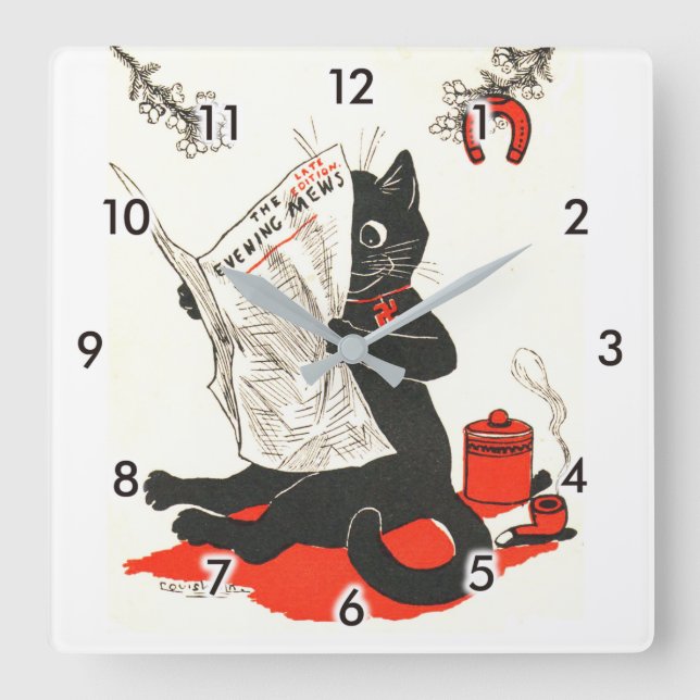 Horloge Carrée Chat noir lisant un journal, Louis Wain (Recto)