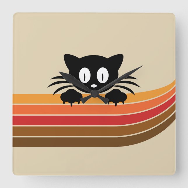 Horloge Carrée Chat noir mignon avec rayures rétro (Recto)