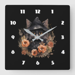Horloge Carrée Chat noir mignon dans le Casquette d'une sorcière