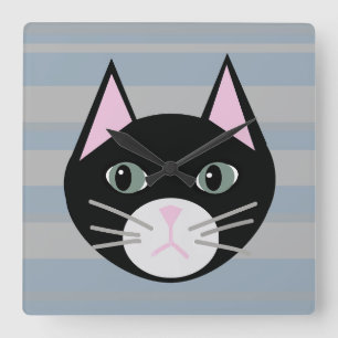 Horloge Carrée Chat noir, rayures