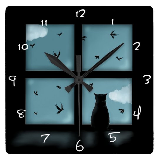 Horloge Carree Chat Noir Regardant La Fenetre Le Ciel Zazzle Fr