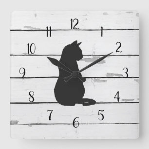 Horloge Carrée Chat noir Rustique Shiplap Décor de ferme
