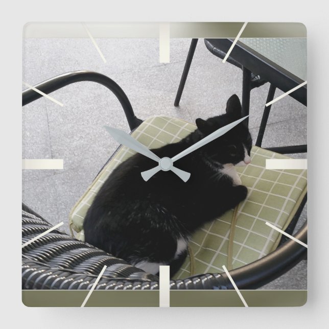Horloge Carrée Chat noir sur une terrasse (Recto)