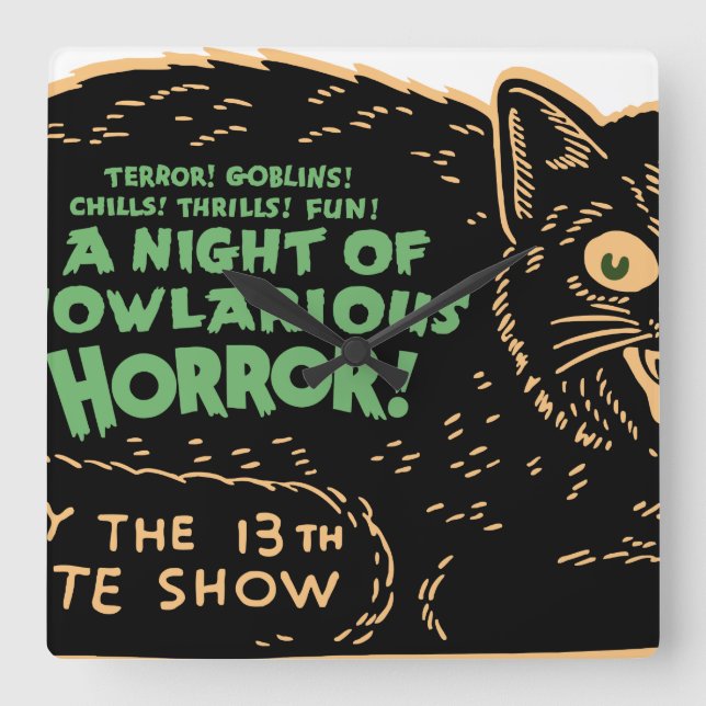 Horloge Carrée Chat noir vintage Halloween (Recto)