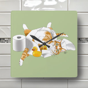 Horloge Carrée Chat orange gingembre Papier toilette drôle Vert