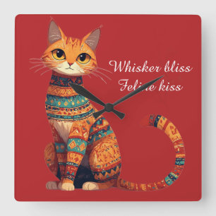 Horloge Carrée Chat Ornemental Décoratif avec Fleurs Art Boho