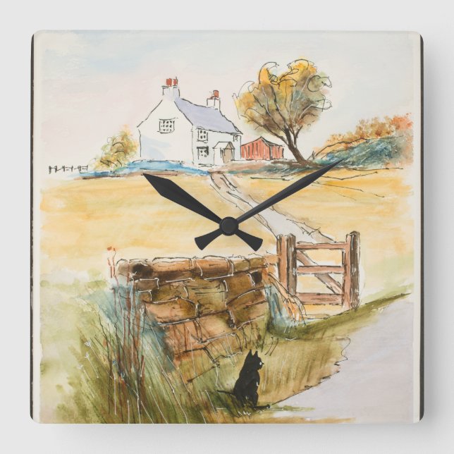 Horloge Carrée Chat par la porte (Recto)