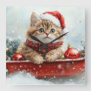 Horloge Carrée Chat Persan en traîneau Laissez neige Noël