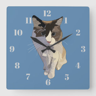 Horloge Carrée Chat Ragdoll, Bleu Poussiéreux