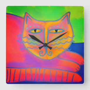 Horloge Carrée Chat rose chaud Art Abstrait