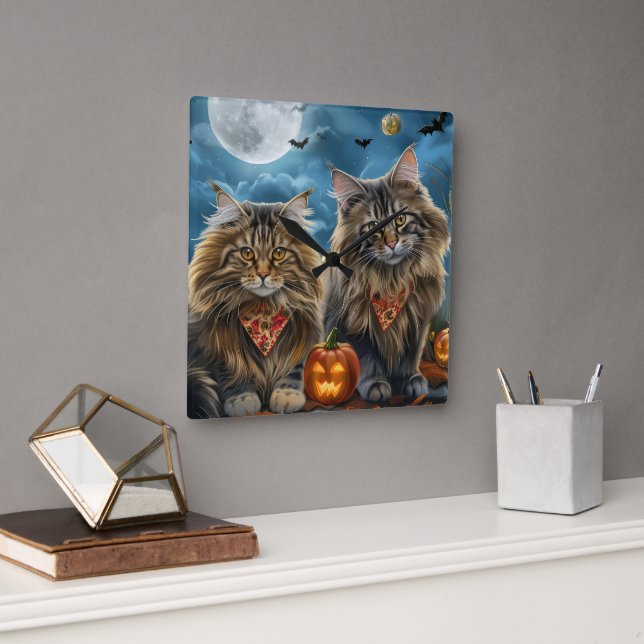Horloge Carrée Chat sibérien Halloween effrayant  (Bureau)