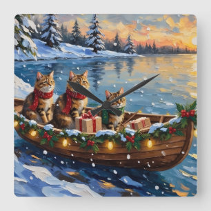 Horloge Carrée Chat Sibérien Noël Bateau Fêtes
