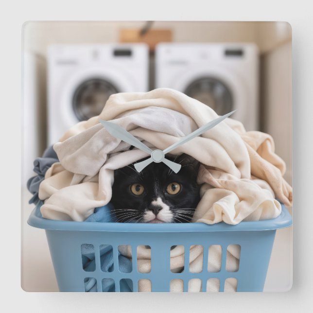 Horloge Carrée Chat Smoking Hiding dans un Panier à Linge (Recto)