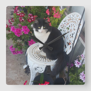 Horloge Carrée Chat smoking marron foncé rose foncé chats et fleu