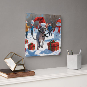 Horloge Carrée Chat Sphynx courant dans la neige avec un chapeau 