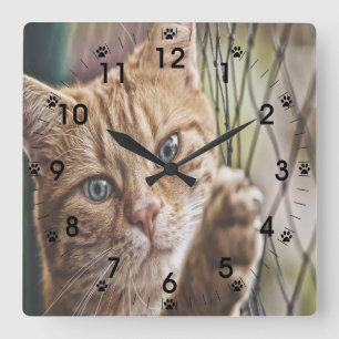 Horloge Carrée Chat Sur Une Clôture