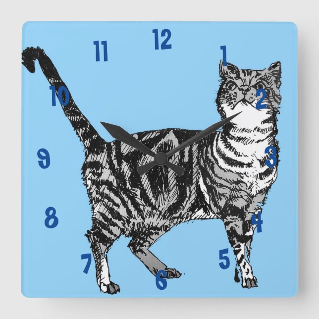 Horloge Carrée Chat Tigre Art Chats Animal Enfant Bleu Clair (Recto)