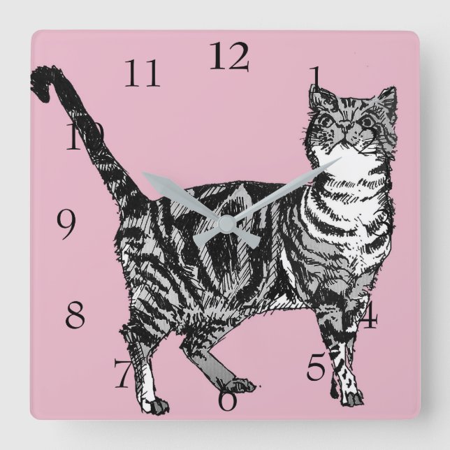 Horloge Carrée Chat Tigre Art Chats Animal Enfant Pastel Rose Déc (Recto)