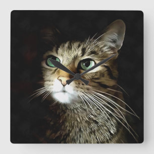 Horloge Carrée Chat Tigre Aux Yeux Verts Isolés Sur Fond Noir