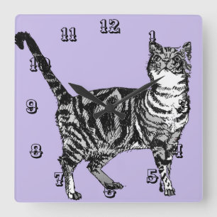 Horloge Carrée Chat Tigre Chats Animal Enfants pastel Violet