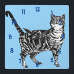 Horloge Carrée Chat tigré Chats Art Animal Enfant Bleu clair<br><div class="desc">Horloge de chambre Chat tigré Chats Art Animal Enfant Bleu clair. Conçu à partir de mon dessin original à l'encre.</div>