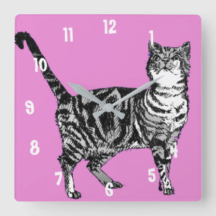 Horloge Carrée Chat tigré Chats Art Animal Enfants Décor Rose Cha