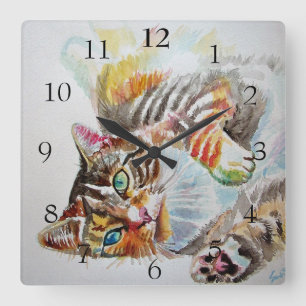 Horloge Carrée Chat Tigre Chats Mignons Peinture Aquarelle Décor