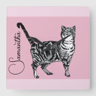 Horloge Carrée Chat tigré rose Filles Rose Noms Nurserie