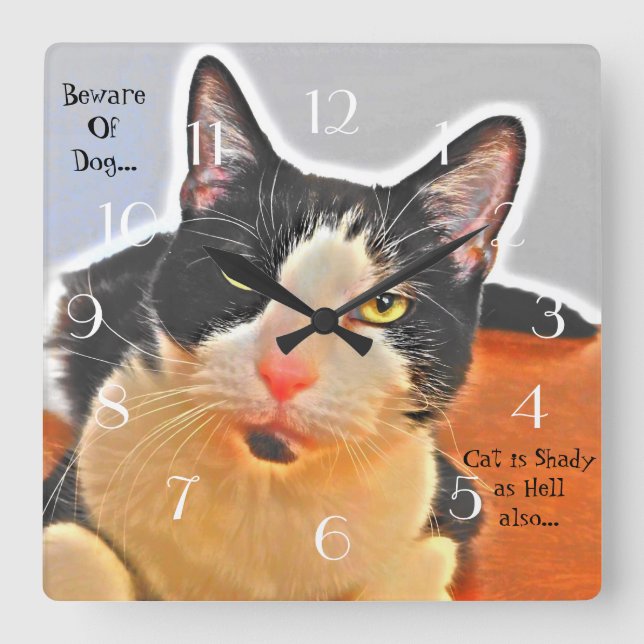 Horloge Carrée Chat tuxedo stylé (Recto)