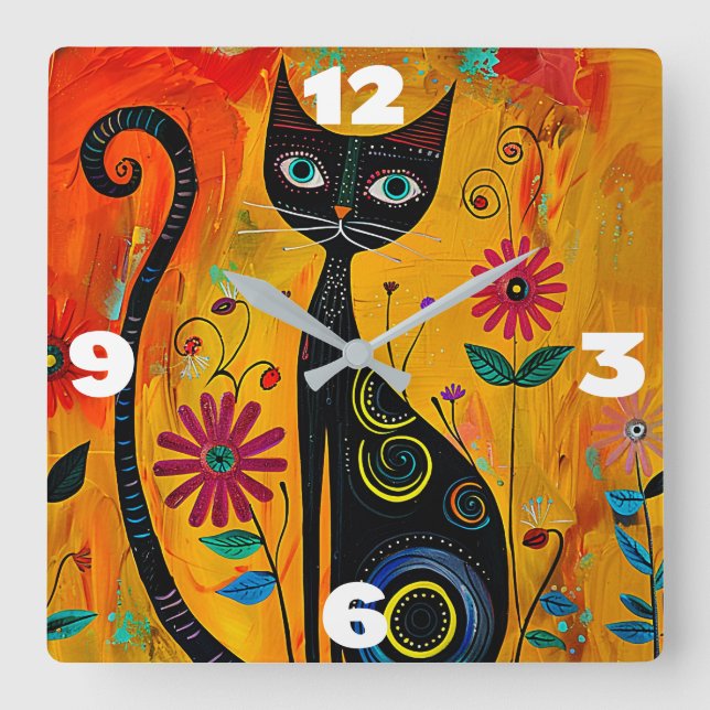 Horloge Carrée Chat Whimsical (Recto)