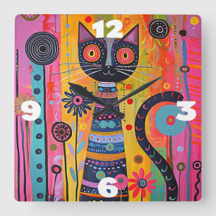 Horloge Carrée Chat Whimsical