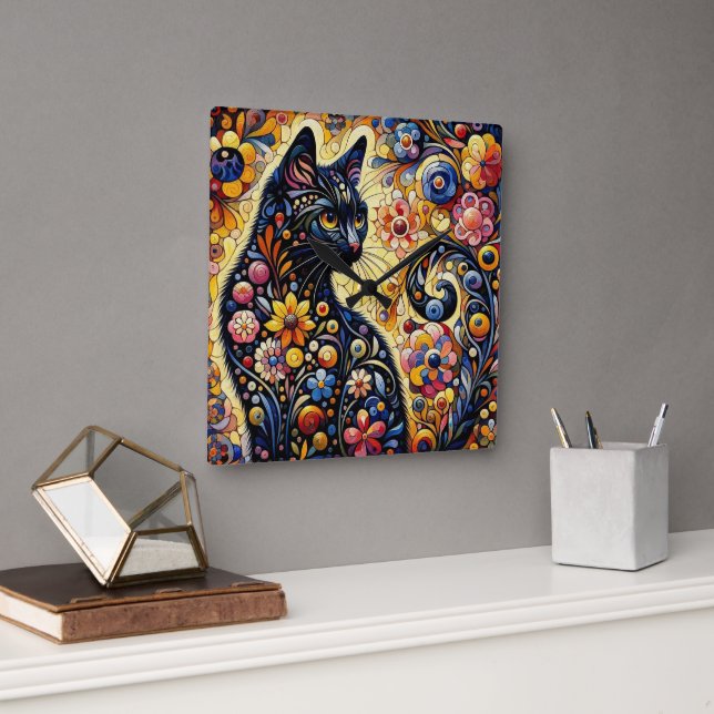 Horloge Carrée Chat Whimsical Noir Abstrait peinture florale Art (Bureau)