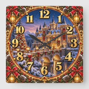 Horloge Carrée Château de Noël Merveilleux Hiver