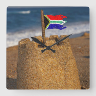 Horloge Carrée Château De Sable Avec Drapeau Sud-Africain, Umhla