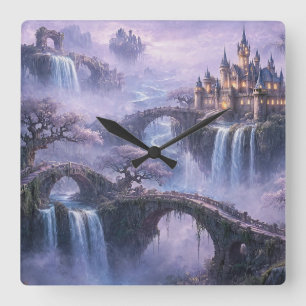 Horloge Carrée Château Fantastique Paysage Surréaliste Bleu Lavan