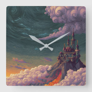 Horloge Carrée Château Magique sur Montagne & Nuages Tourbillonna