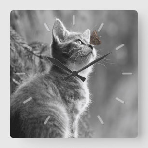 Horloge Carrée Chaton gris mignon avec le papillon sur le nez