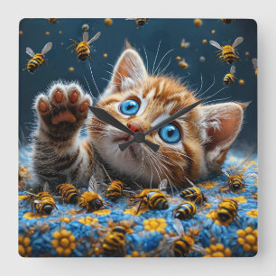 Horloge Carrée Chaton mignon interagissant avec des abeilles